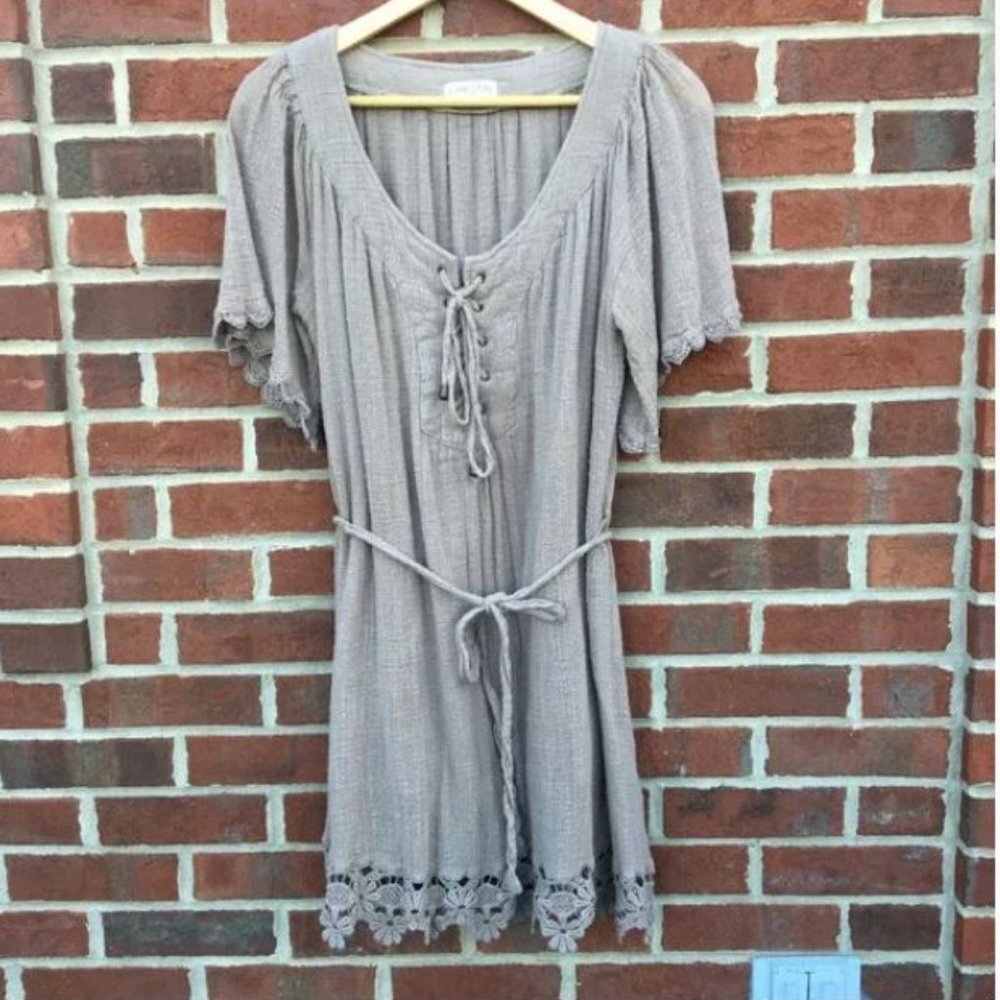 Christin Michaels Dress Large Boho Beachy Crinkle Lace Up Front Gauze Brown